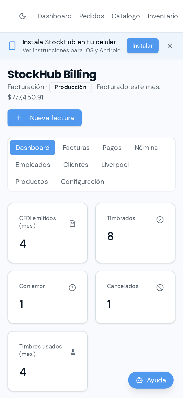 APP de StockHub en celular mostrando la facturación CFDI