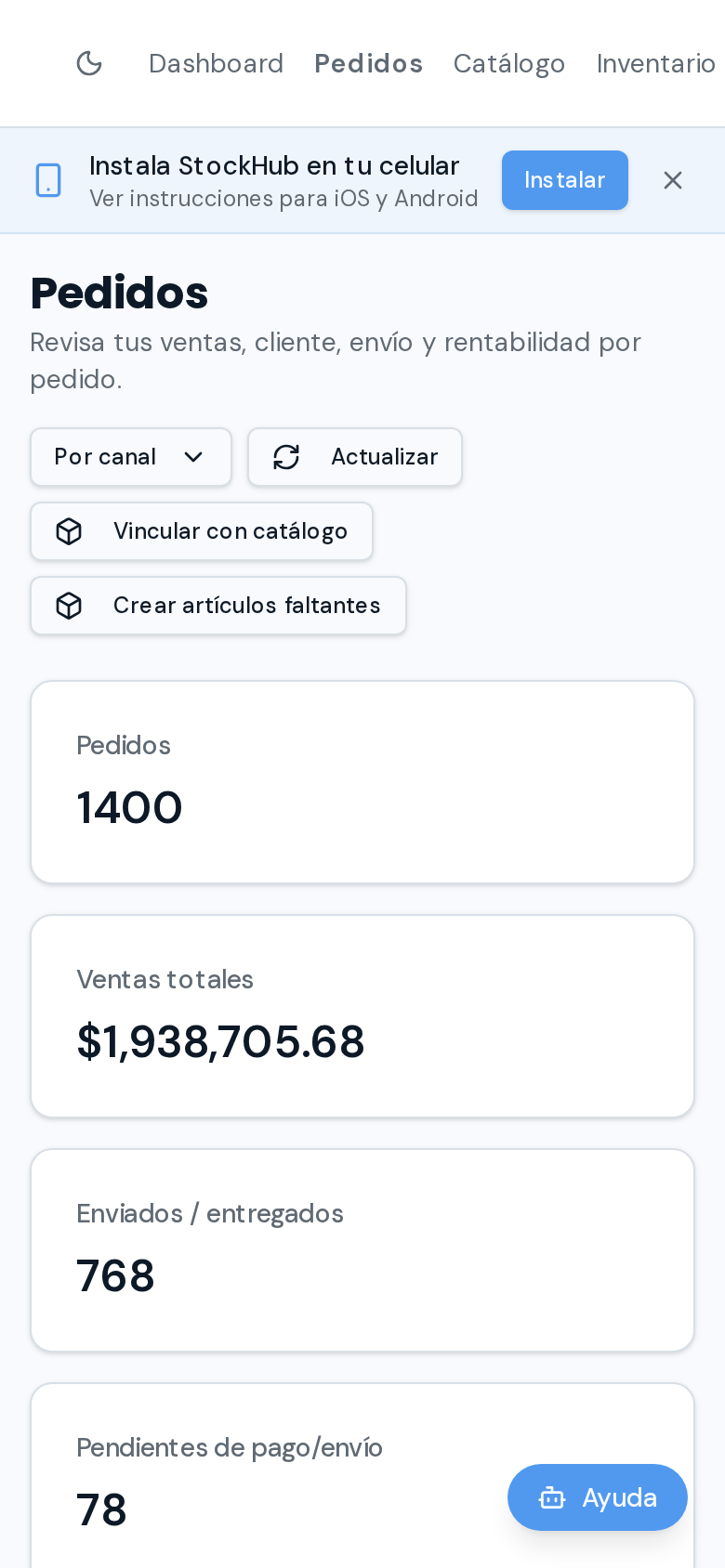 APP de StockHub en celular mostrando pedidos, ventas totales y envíos