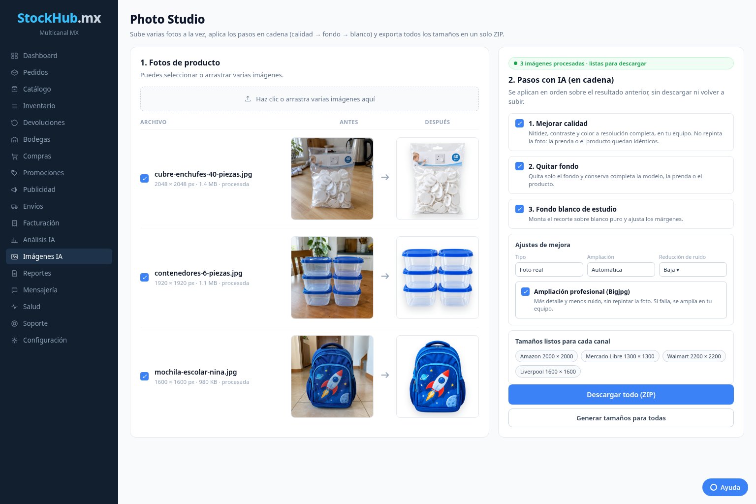 Photo Studio de StockHub para procesar imágenes de producto con IA