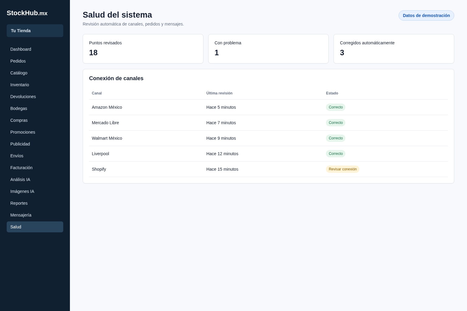 Monitor de salud de StockHub revisando conexiones con marketplaces
